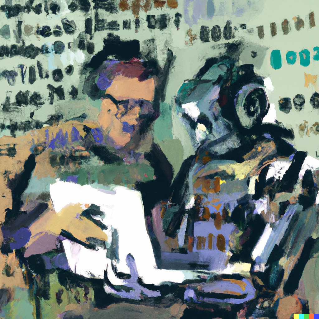 DALL-E: "Vrubel style painting of pair programming Robot + Human. An robot is writing code, a human is reviewing code".