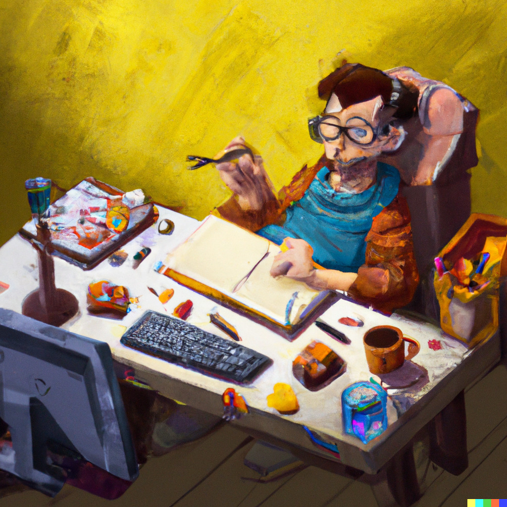 Vrubel-style painting of how a game designer work on game texts (c) DALL-E