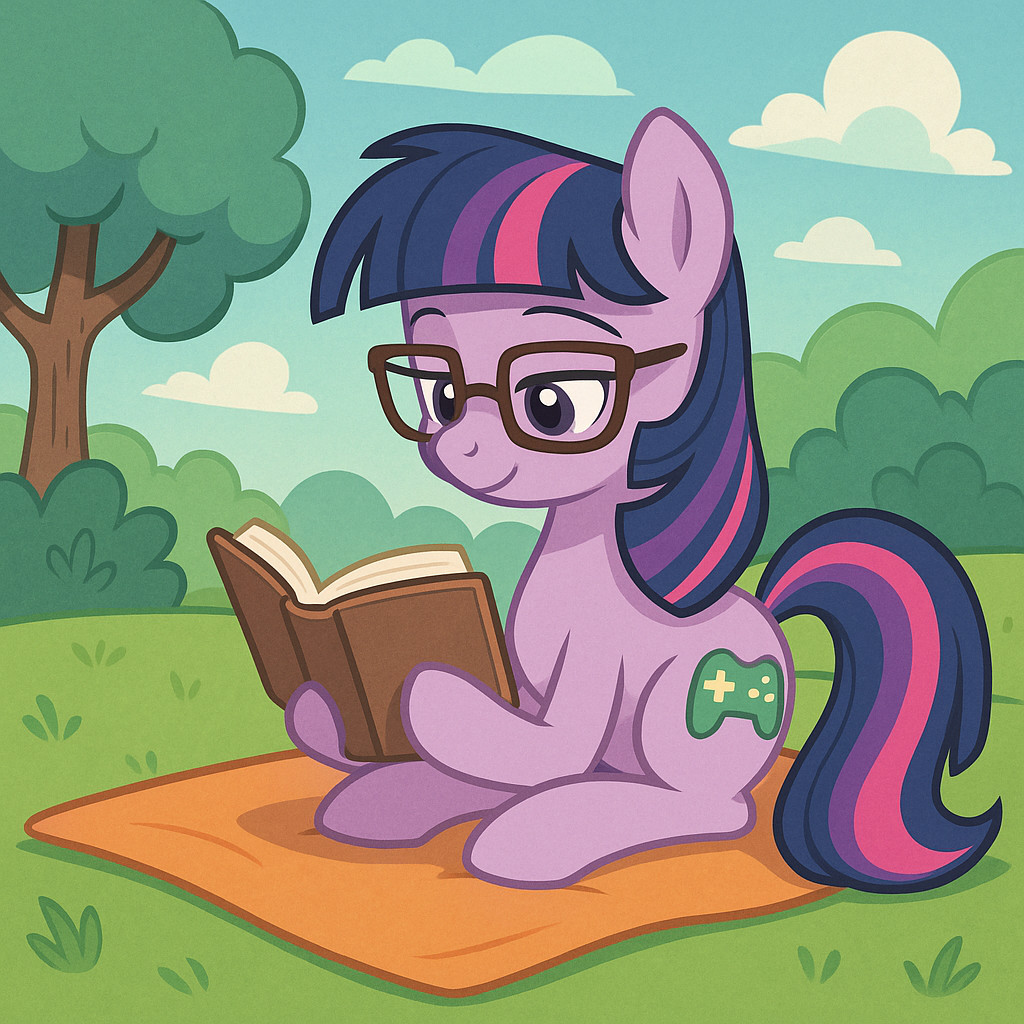 A game developer reading a book in the middle of a sabbatical, in the style of My Little Pony (c) ChatGPT.