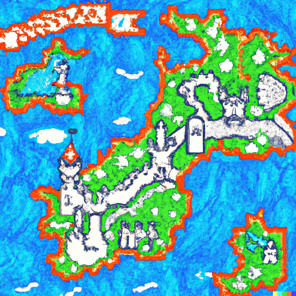 Пример 1 пиксель арта карты фэнтезийного королевства от DALL-E