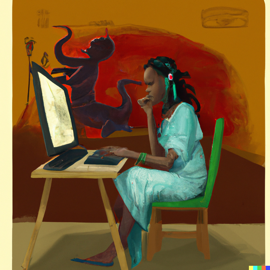 DALL-E: "Vrubel-style painting of an indie game developer working on her game, like The Demon Seated."